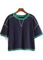 Romwe Blue Short Sleeve Contrast Trims Crop T-shirt