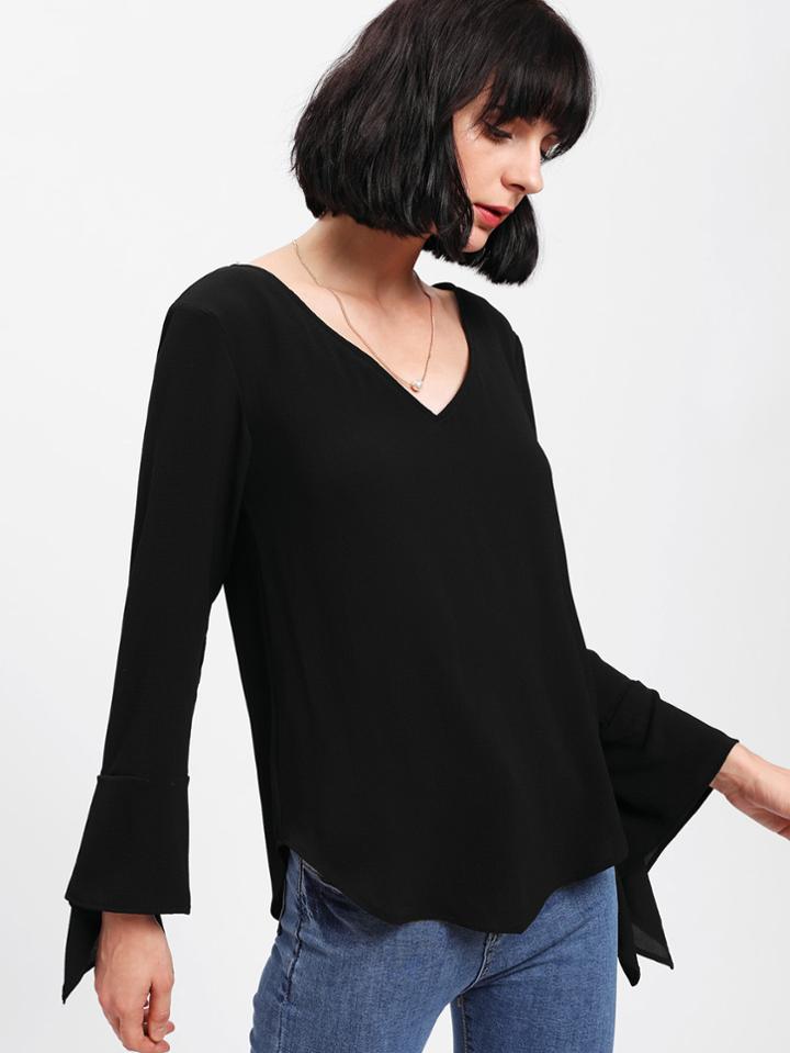 Romwe Flounce Sleeve Curved Hem Blouse