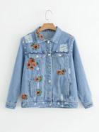 Romwe Embroidered Flower Ripped Denim Jacket
