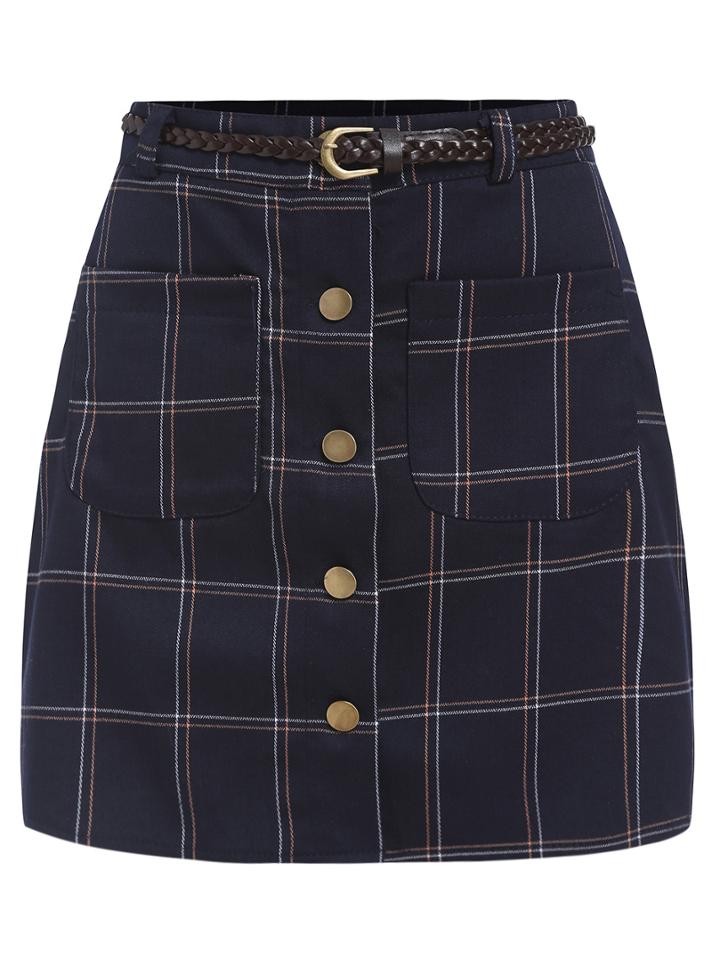 Romwe Single Breasted Plaid Skirt
