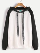 Romwe Black White Contrast Raglan Sleeve Drawstring Hooded Pocket Sweatshirt