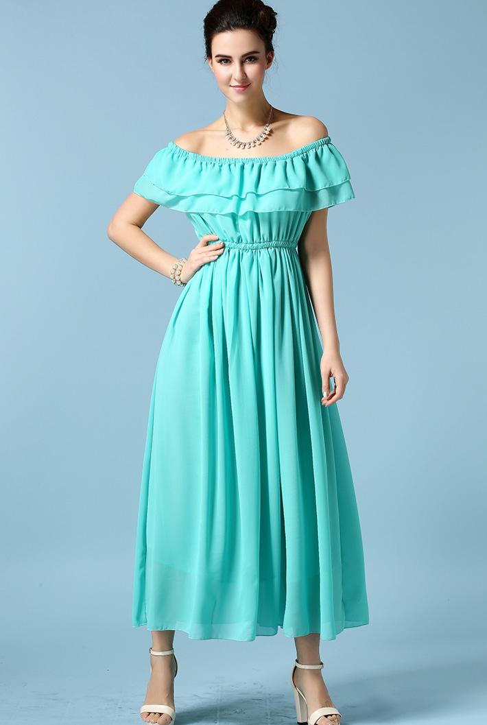 Romwe Off-shoulder Flouncing Blue Dress