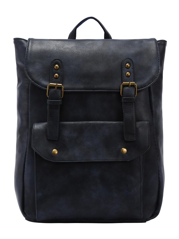 Romwe Faux Leather Double Buckle Strap Backpack - Navy