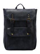 Romwe Faux Leather Double Buckle Strap Backpack - Navy