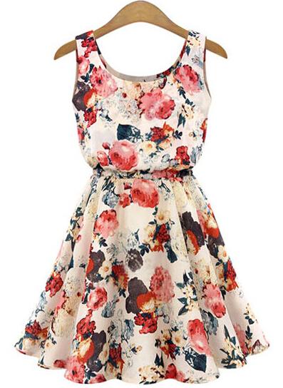 Romwe Sleeveless Floral Pleated Dress-apricot