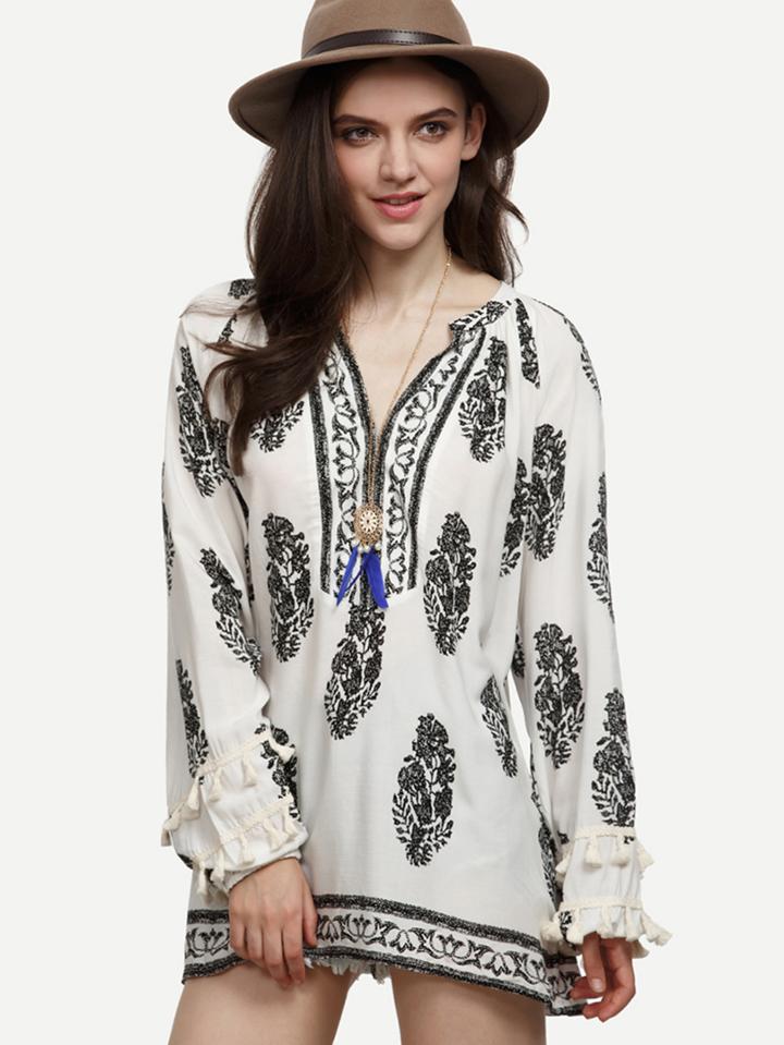 Romwe White Vintage Print Tassel Trimmed Blouse
