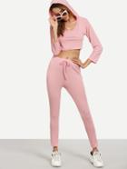 Romwe Pink Crop Hooded T-shirt With Drawstring Pants