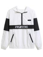 Romwe White Contrast Letter Embroidered Hooded Sweatshirt With Zip Detail