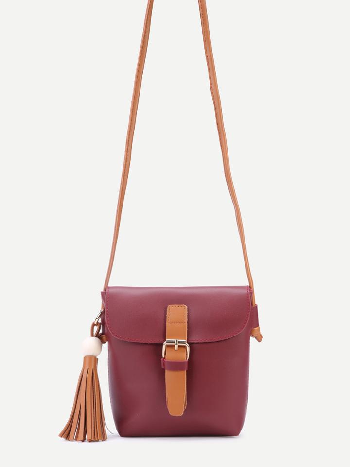 Romwe Burgundy Pu Buckle Closure Tassel Trim Shouler Bag