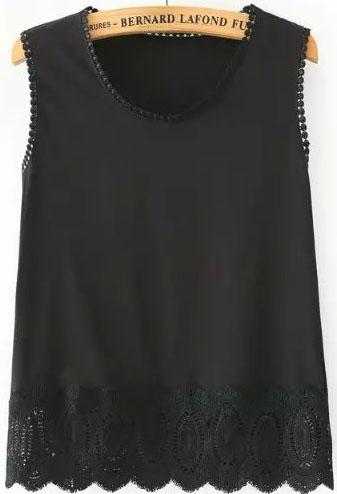 Romwe Lace Crochet Hollow Black Tank Top