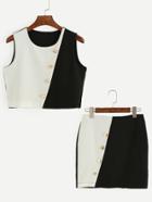 Romwe Black White Contrast Top With Buttons Skirt