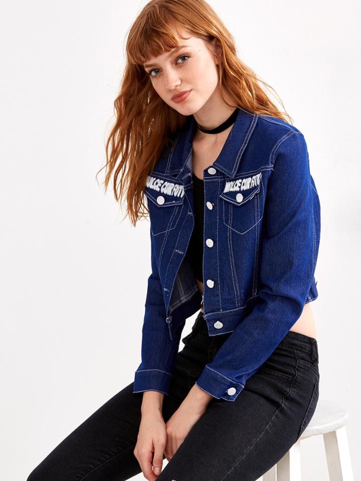 Romwe Dark Blue Letter Print Crop Denim Jacket