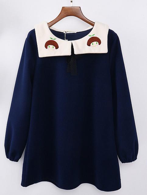 Romwe Doll Collar Cartoon Embroidered Blue Dress