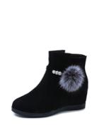 Romwe Suede Faux Fur Ball Decorated Hidden Wedge Boots