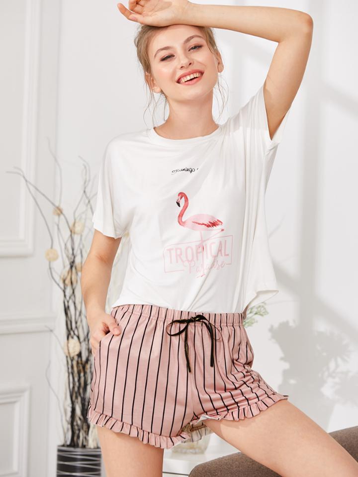 Romwe Flamingo Print Tee & Striped Shorts Pj Set