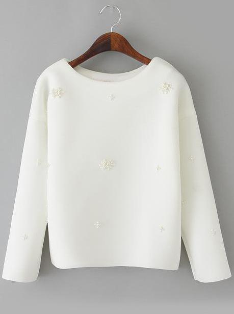 Romwe Bead Loose White Sweatshirt