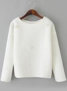 Romwe Bead Loose White Sweatshirt