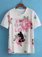 Romwe Mickey Floral Print Embroidered T-shirt