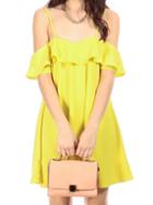 Romwe Cold Shoulder Ruffle Yellow Dress