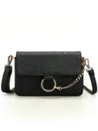 Romwe Embossed Faux Leather Chain Lock Flap Bag - Black