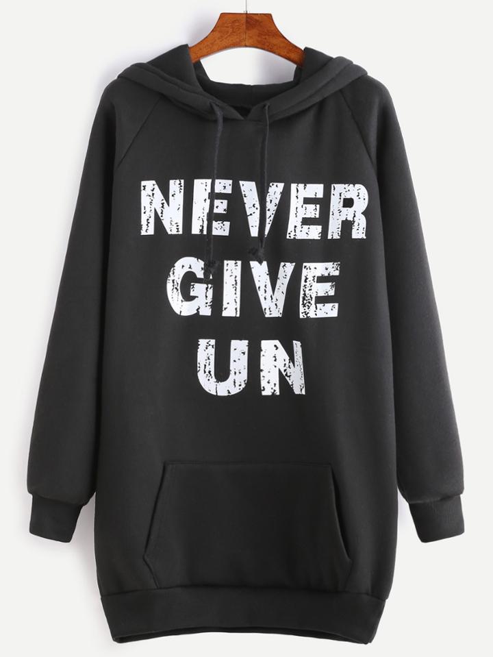 Romwe Black Slogan Print Raglan Sleeve Drawstring Pocket Long Hoodie