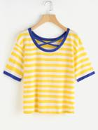 Romwe Criss Cross Striped Ringer Knit Tee