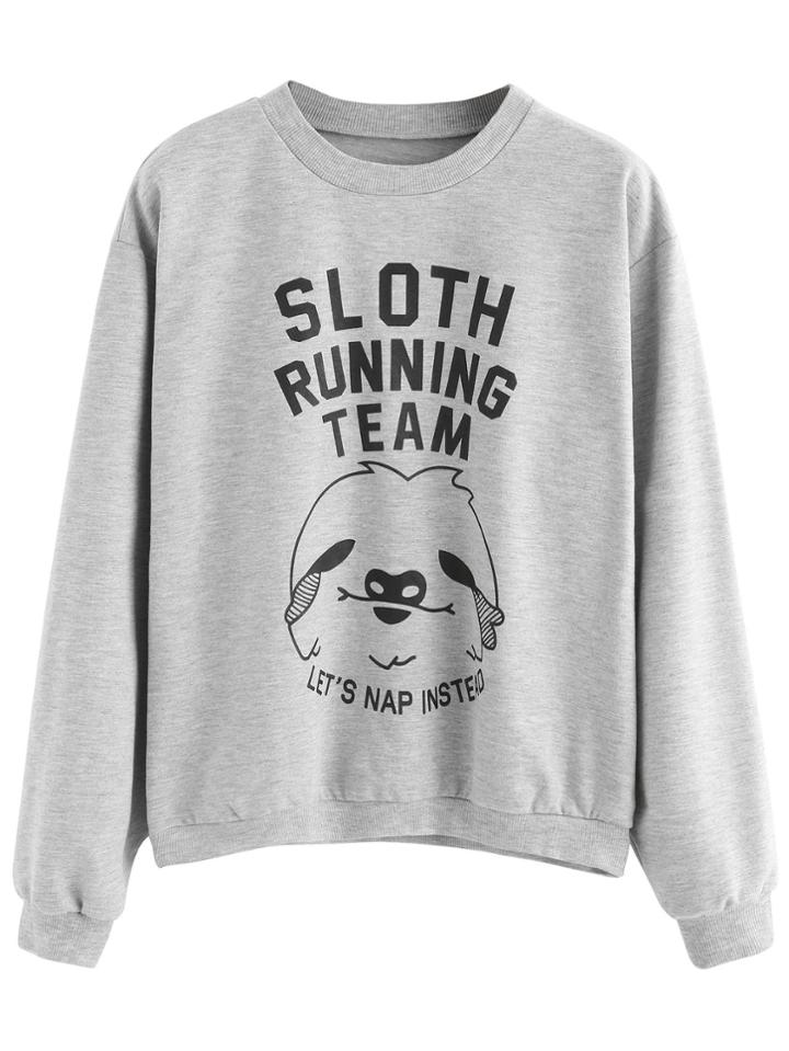 Romwe Light Grey Cartoon Letter Print Sweatshirt