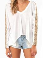 Romwe White V-neck Sequined Insert T-shirts