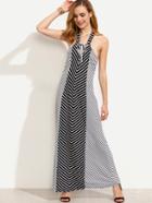 Romwe Black White Diagonal Striped Backless Lace Up Dress