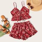 Romwe Ditsy Floral Lace-up Cami Top And Shorts Set