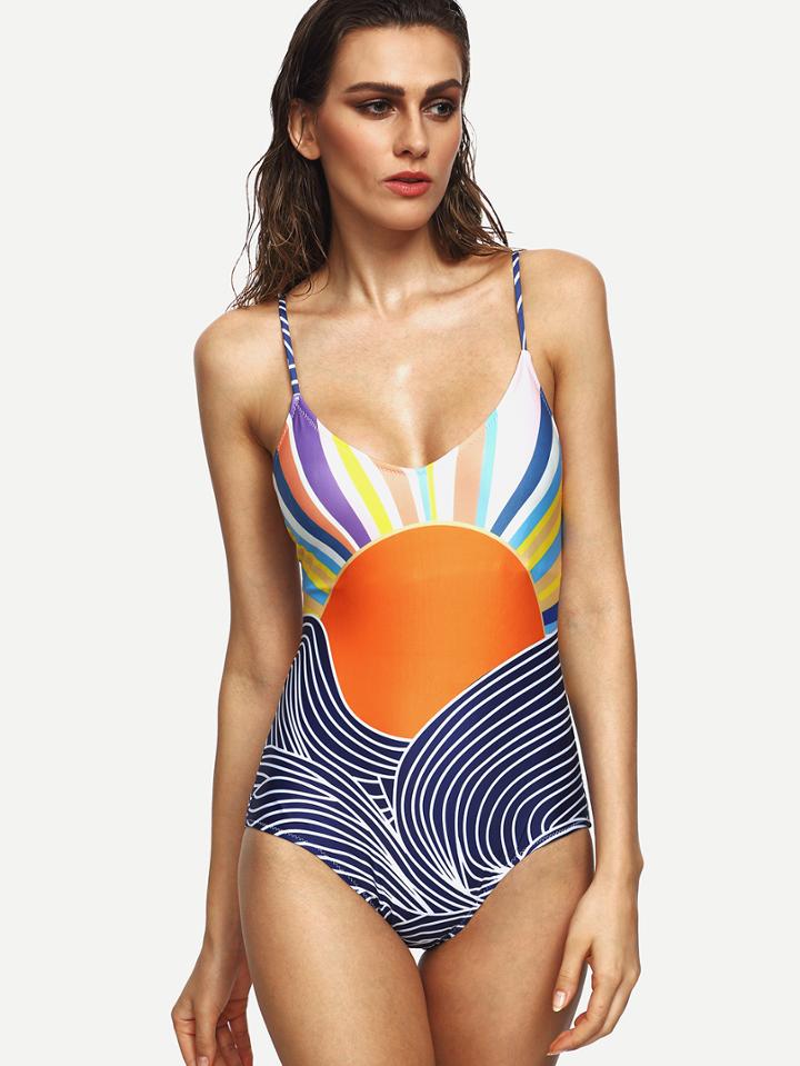 Romwe Multicolor Geometric Print Lace Up One Piece Swimwear