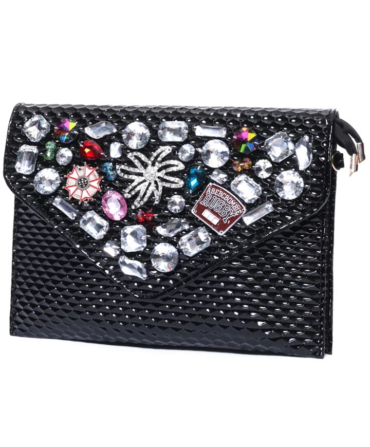 Romwe Black Rhinestone Pu Envelope Bag