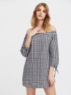 Romwe Bardot Gingham Tie Sleeve Dolphin Hem Long Top