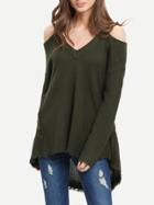 Romwe Dark Green Cold Shoulder High Low Sweater