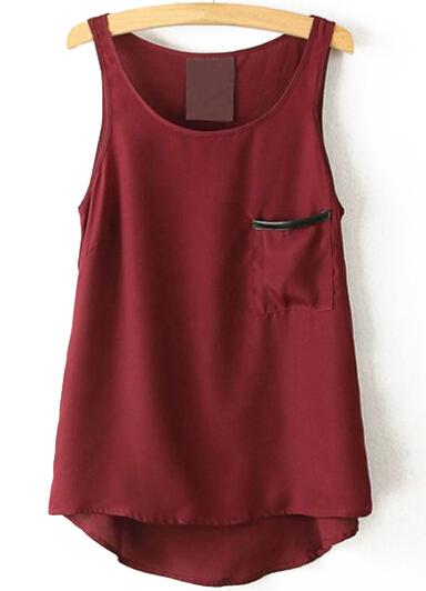 Romwe Red Round Neck Pocket Chiffon Tank Top