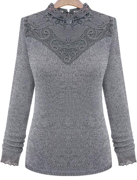 Romwe Contrast Lace Slim Grey Sweater
