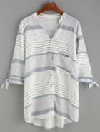 Romwe White Striped Band Collar Tie Sleeve Blouse