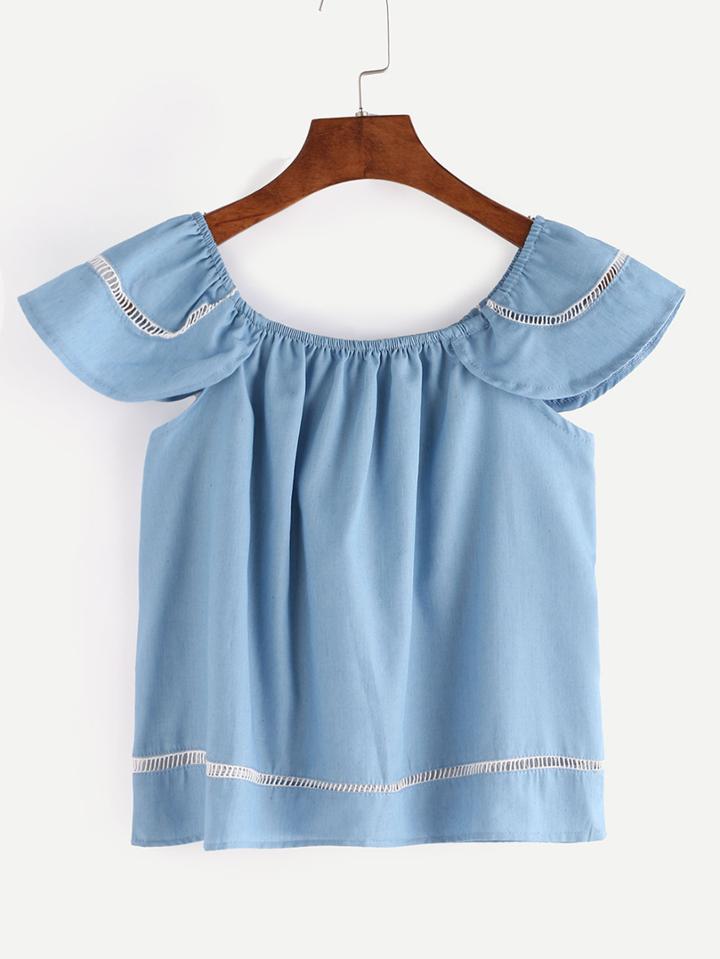 Romwe Eyelet Lace Insert Cap Sleeve Top - Blue