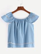 Romwe Eyelet Lace Insert Cap Sleeve Top - Blue