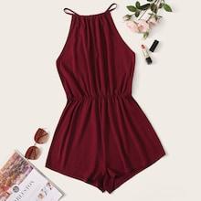 Romwe Solid Elastic Waist Halter Romper