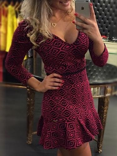 Romwe Deep Plunge Neck Geometric Print Peplum Hem Dress