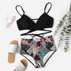 Romwe Cross Wrap Knot Back Top With Tropical Bikini Set
