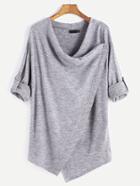 Romwe Grey Roll Tab Sleeve Asymmetric Hem Cardigan