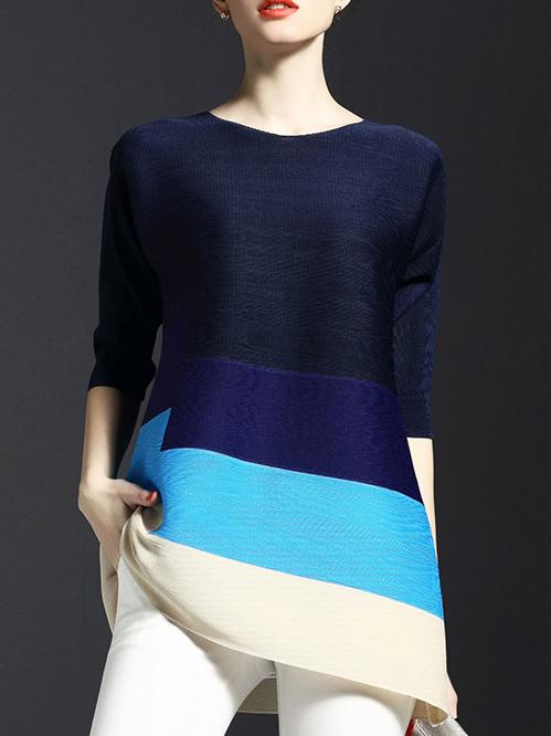 Romwe Navy Color Block Pleated Elastic Shift Dress