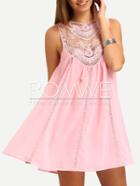 Romwe Pink Sleeveless Crochet Lace Embroidered Dress