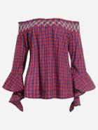 Romwe Tartan Plaid Off The Shoulder Bell Sleeve Top