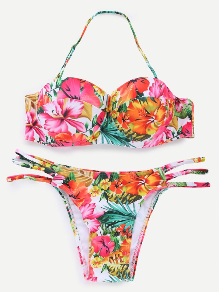 Romwe Multicolor Halter Florals Strappy Bikini Set
