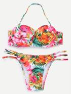 Romwe Multicolor Halter Florals Strappy Bikini Set