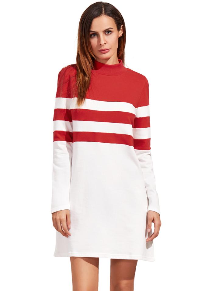 Romwe Red Round Neck Long Sleeve Tee Dress