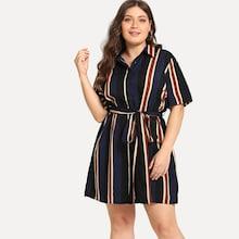 Romwe Plus Self Tie Striped Shirt Dress